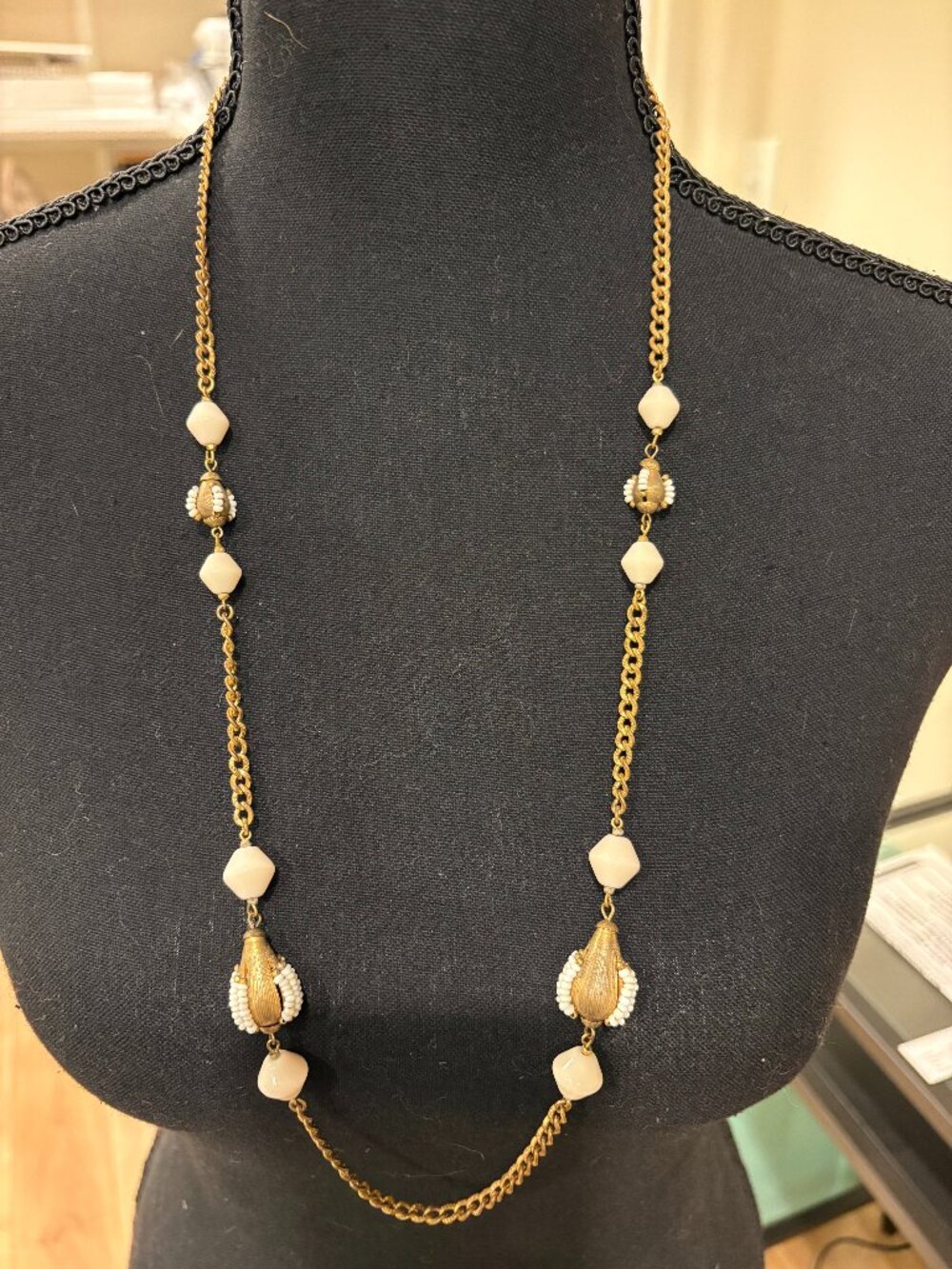 Vintage, Signed Miriam Haskell Necklace, Brass Chain with White Glass Beads